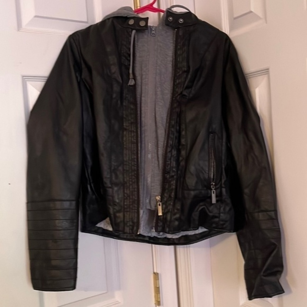 Leather jacket faux fur inside sweater attached double zip - Size L